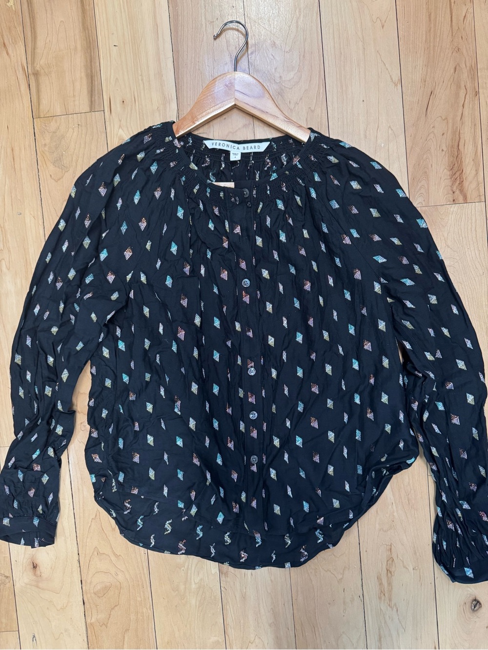 Veronica Beard Black Multicolor Diamond-Print Long-Sleeve Blouse
